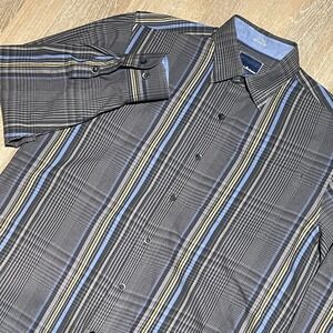 Tommy Bahama Button Down Shirt Gray Blue Yellow Plaid Long Sleeve Mens S EUC‎